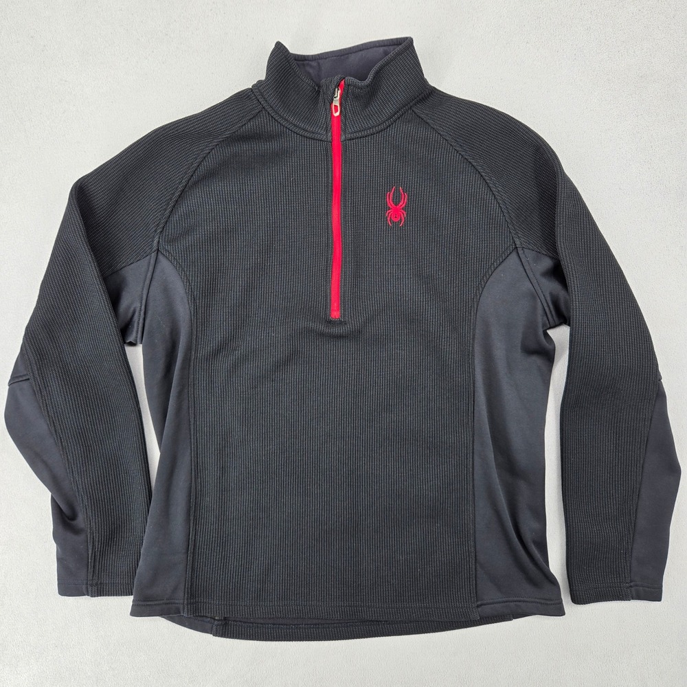 Spyder Mens Large Quarter Zip‎ Pullover Black Red Waffle Knit Athletic Gorpcore